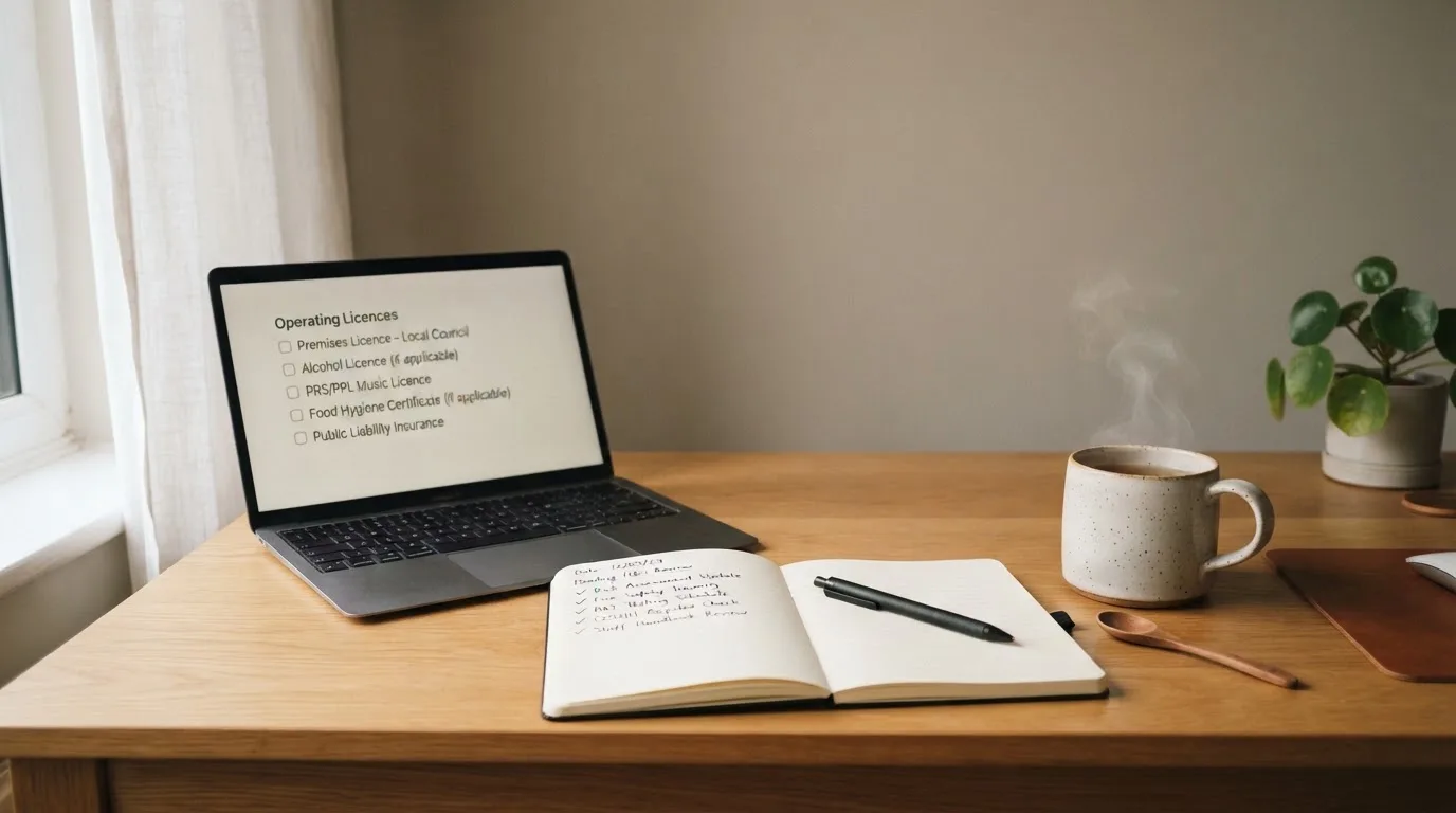 A tidy desk with a notebook, a mug of tea and a laptop open to a checklist, morning light through a window.