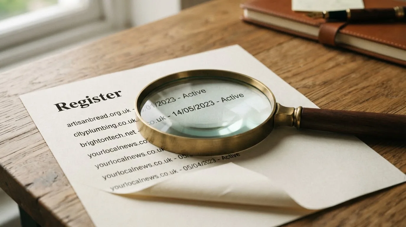 A magnifying glass rests over a printed regulatory certificate on a wooden desk.